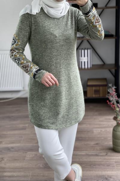 1425 Kolları baskılı dokuma triko tunik mint yeşili