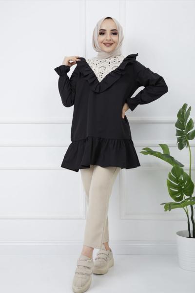 1861 dantelli tunik siyah