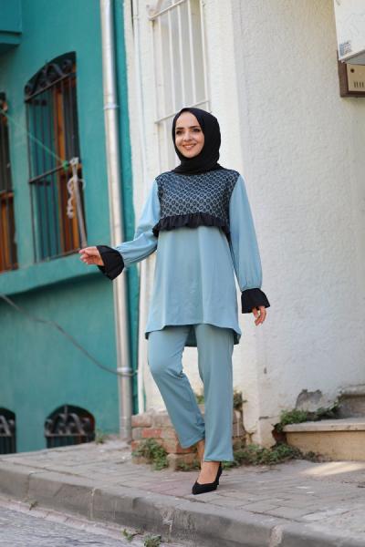 272 tül detaylı krep kumaş takım  mintyeşili