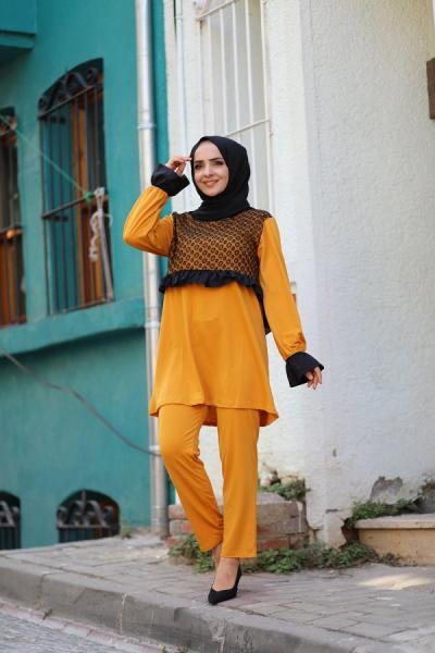 272 tül detaylı krep kumaş takım sarı