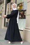 290 ayrobin kumaş bel lastıklı yarım duğme elbise sıyah