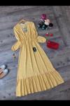 299 pamuklu dokuma kumaş yarım düğme elbise   sarı