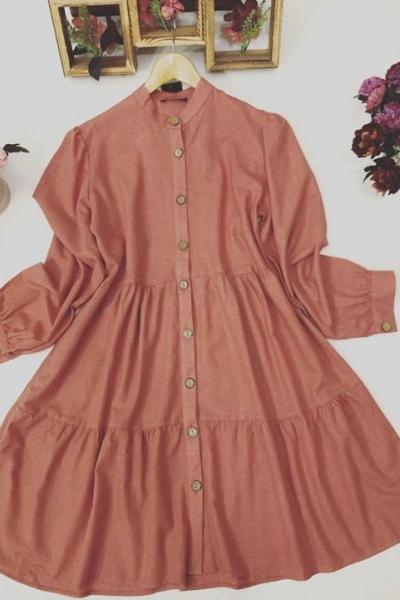 597 PNK HAKİM YAKA KAT KAT KETEN TUNİK Nar çiçeği