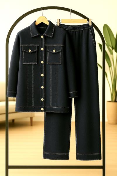 Ahşap Düğmeli cepli Tiko Takım Siyah TCN40138