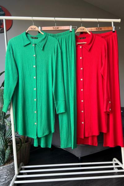 Ahşap düğmeli bürümcük takım yeşil TCN4044