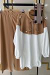 Apoletli fermuarlı Scuba Krep Kumaş Takım Bej TCN1527