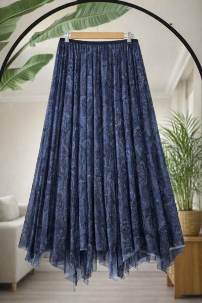 Asimetrik Kesim Astarlı şifon Etek İndigo SG2061