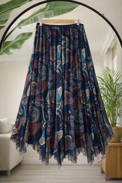 Asimetrik Kesim Astarlı şifon Etek lacivert SG2061