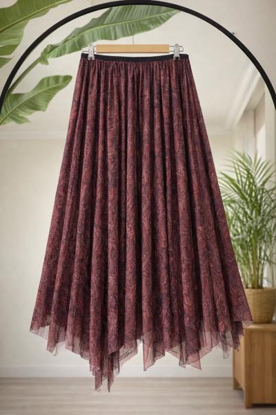 Asimetrik Kesim Astarlı şifon Etek bordo SG2061