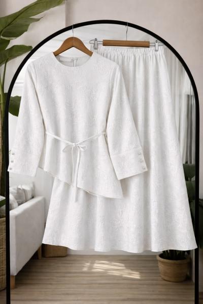 Asimetrik kesim Kuşaklı Etekli Takım Beyaz UMS50350