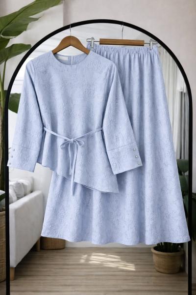 Asimetrik kesim Kuşaklı Etekli Takım mavi UMS50350