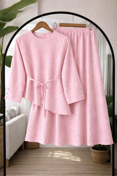Asimetrik kesim Kuşaklı Etekli Takım Pembe UMS50350