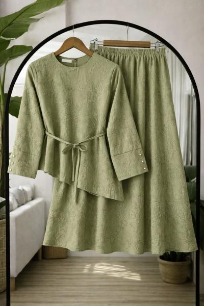 Asimetrik kesim Kuşaklı Etekli Takım Yeşil UMS50350