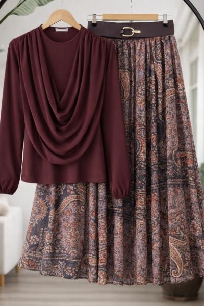 Astarlı şifon Etek Blüz Takım Bordo HT8082