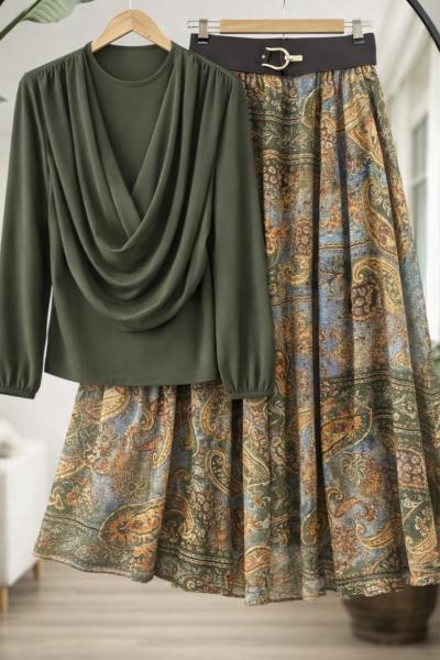 Astarlı şifon Etek Blüz Takım Yeşil HT8082