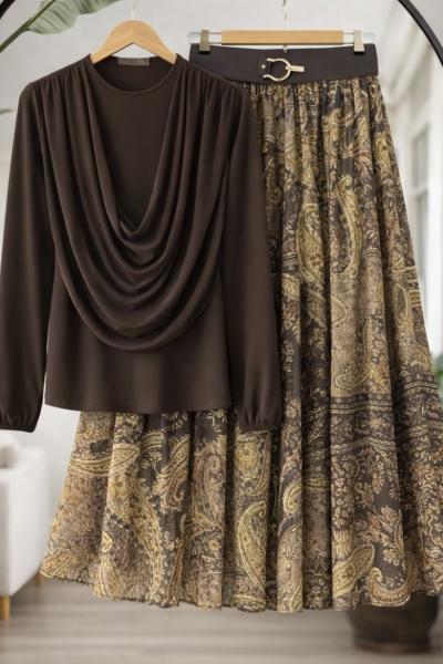 Astarlı şifon Etek Blüz Takım Kahverengi HT8082