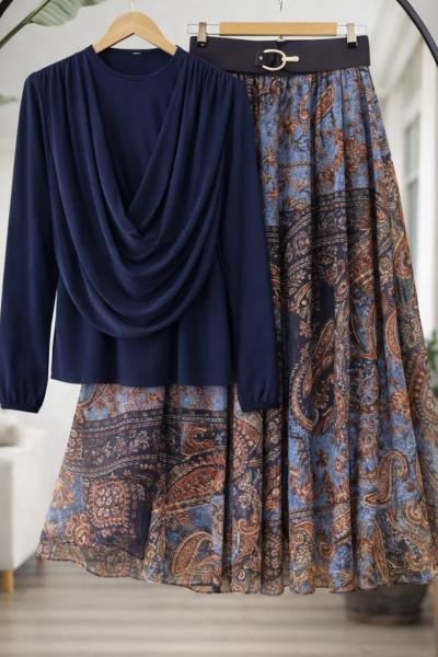 Astarlı şifon Etek Blüz Takım Lacivert HT8082