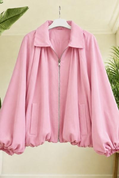 Astarlı  fermuarlı  salaş bomber ceket Pembe YR9546