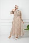 Astarlı şifon Elbise Bej  HBS1172