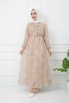 Astarlı şifon Elbise Bej  HBS1172