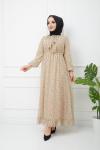 Astarlı şifon elbise bej HBS1164
