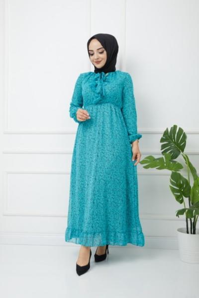 Astarlı şifon elbise mavi  HBS1164