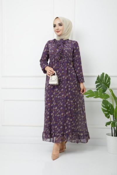 Astarlı Şifon Elbise Mor HBS1184