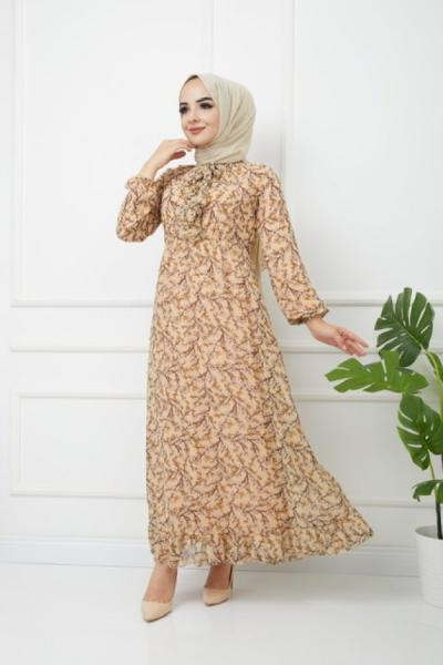 Astarlı Şifon Elbise Bej  HBS1184
