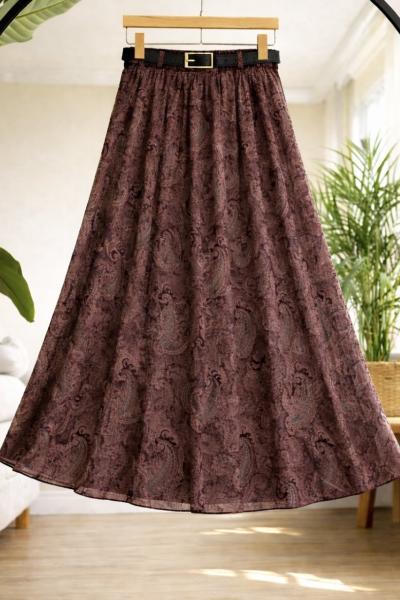 Astarlı Bel Lastikli Kemerli Şifon Etek Bordo BK9539