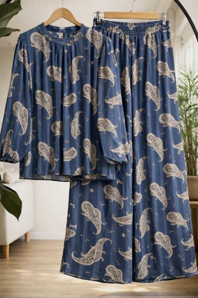 Astarlı desenli şifon  Takım İndigo HT8097