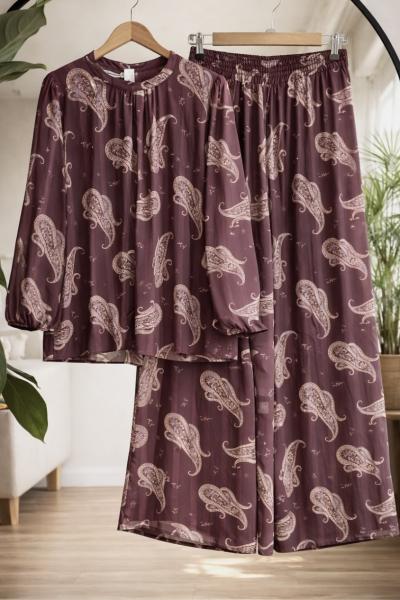 Astarlı desenli şifon  Takım Mürdüm HT8097