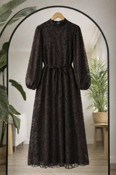 Astarlı fulok İşlemeli Elbise Kahverengi EF 8080