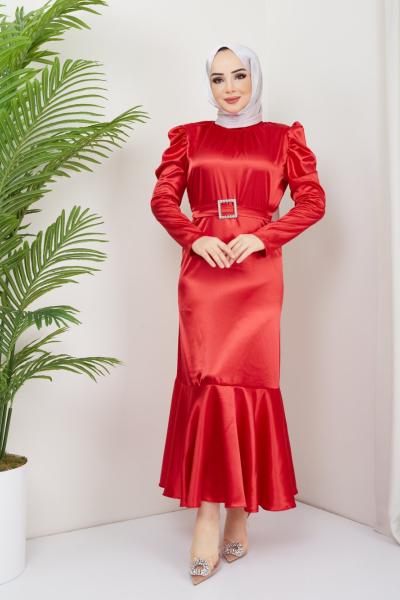 Astarlı fırfırlı satan elbise  kırmızı TBT3061