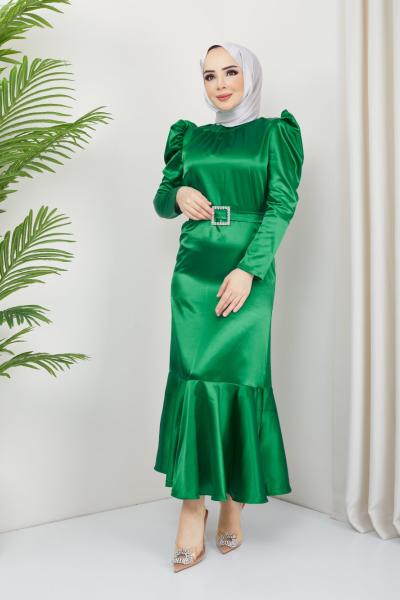 fırfırlı saten elbise  yeşil TBT3061