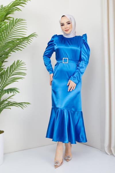 fırfırlı saten elbise  saks TBT3061