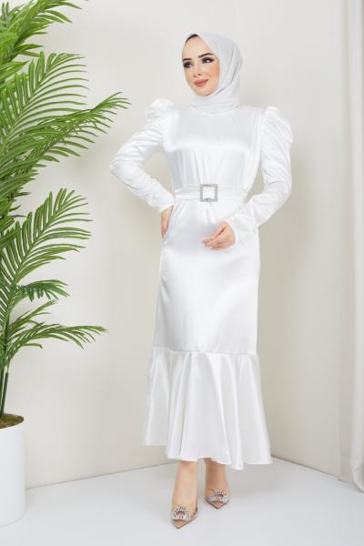 fırfırlı saten elbise  beyaz TBT3061