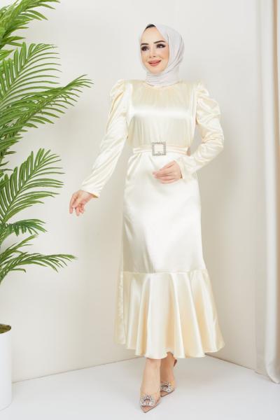 fırfırlı saten elbise  bej TBT3061