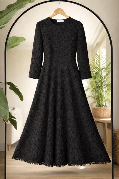 Astarlı güpür elbise Siyah HT8075