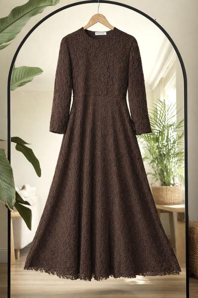 Astarlı güpür elbise Kahverengi HT8075