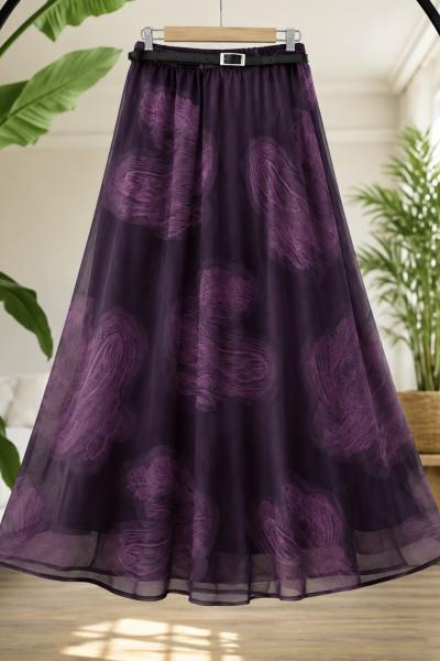 Astarlı kemerli şifon Etek Mor-Siyah SL8089