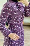 Astarlı yaka fırfırlı piliseli Şifon Elbise Mor  HBS1529