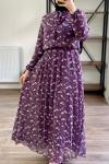 Astarlı yaka fırfırlı piliseli Şifon Elbise Mor  HBS1529