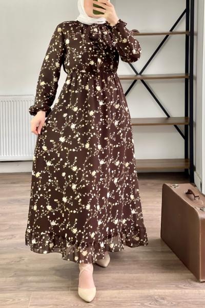Astarlı yaka fırfırlı şifon elbise kahve 1532