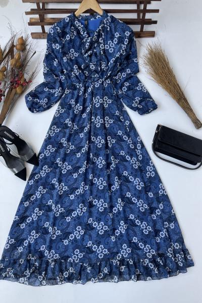 Astarlı yaka fiyonklu şifon elbise İndigo HBS1619