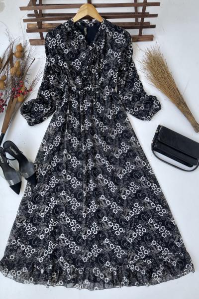 Astarlı yaka fiyonklu şifon elbise siyah  HBS1619