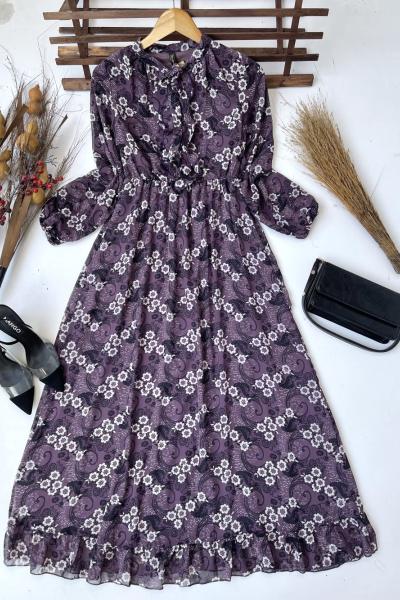 Astarlı yaka fiyonklu şifon elbise Lila   HBS1619