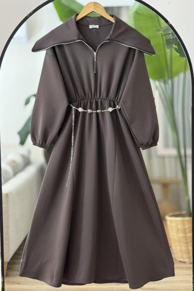 Ayarlanabilir fermuarlı Yaka bel lastikli elbise Kahverengi BK9526