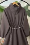 Ayarlanabilir fermuarlı Yaka bel lastikli elbise Kahverengi BK9526
