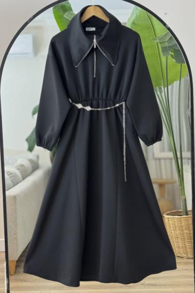 Ayarlanabilir fermuarlı Yaka bel lastikli elbise Siyah BK9526