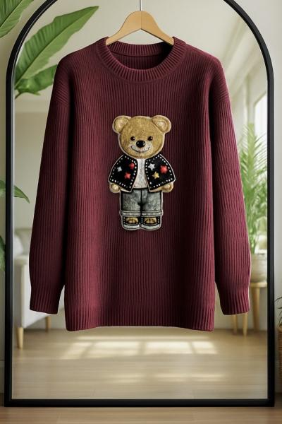 Ayıcık işlemeli Triko Tunik Bordo TCN40142